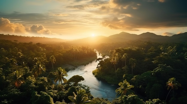 Piękny widok na amazońską dżunglę o wschodzie słońca Generative AI