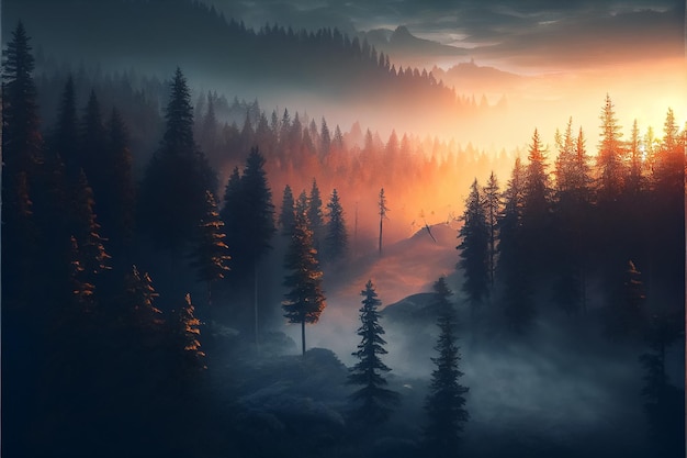 Piękny widok na góry i las z zachodem słońca AI