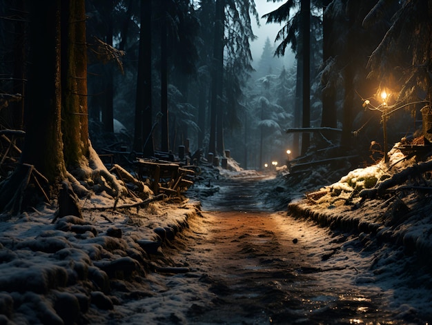 piękny widok na las zimą ze światłem między drzewami