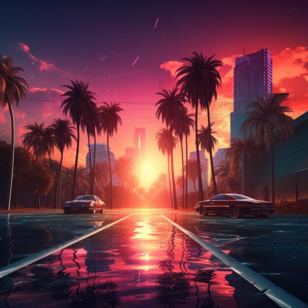 Zdjęcie piękny widok na miasto z retro neonowymi palmami z zachodem słońca