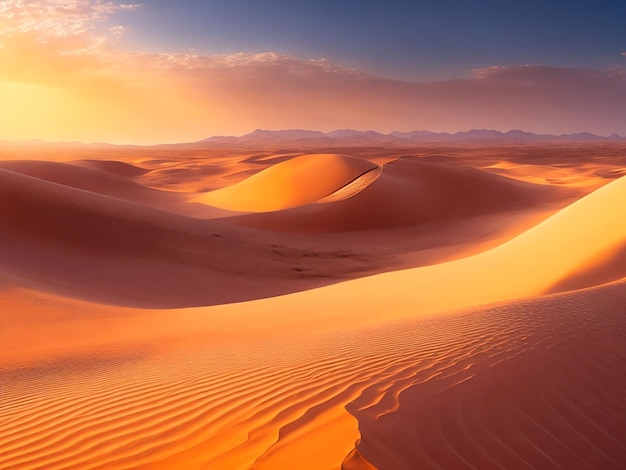 Piękny widok na pustynne wydmy przy zachodzie słońca