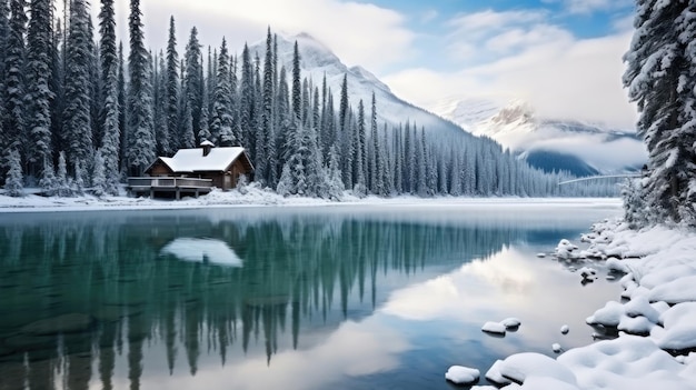 Piękny widok na Szmaragdowe Jezioro z pokrytym śniegiem i drewnianą chatą świecącą w skalistych górach i sosnowych lasach w zimie w parku narodowym Yoho w Kolumbii Brytyjskiej w Kanadzie