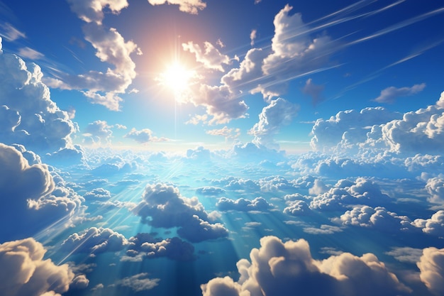 Piękny widok z lotu ptaka nad chmurami z generatywnym ai promieni słonecznych