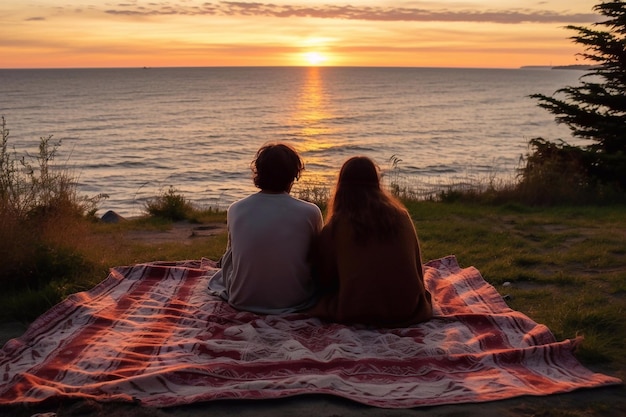Piękny widok z tyłu pary oglądającej zachód słońca, siedząc na czerwonym koce piknikowym przy morzu