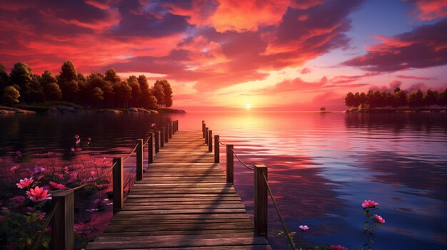 Zdjęcie piękny wieczorny widok na jezioro z drewnianym molo, spokojną tapetą sztuka sztuczna ai