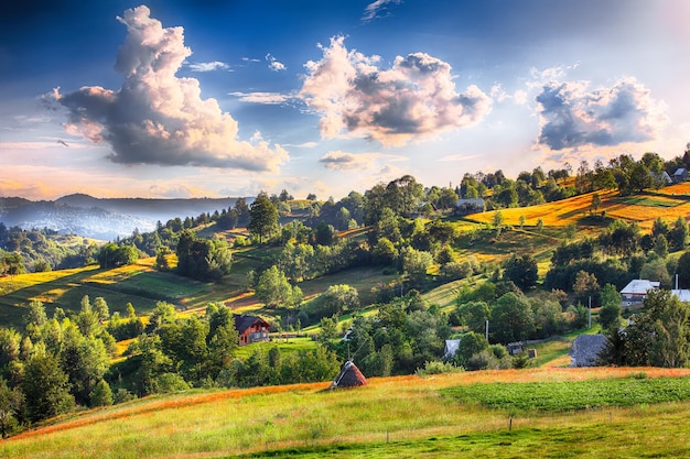 Piękny wiejski krajobraz z zalesionymi wzgórzami i stogami siana na trawiastym wiejskim polu w górach