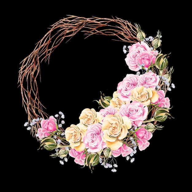 Zdjęcie piękny wieniec akwarelowy z kwiatami i pąkami róż. kartka ślubna.
