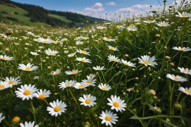 Piękny wiosenny i letni krajobraz naturalny z kwitnącym polem margarit w trawie na wzgórzu