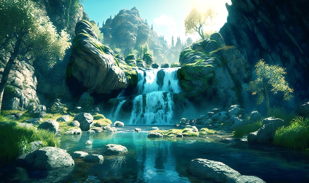 Piękny wodospad otoczony omszałymi skałami i gęstą roślinnością