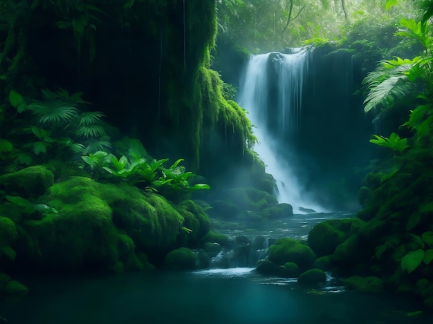 Piękny wodospad w lesie Generatywna ilustracja AI