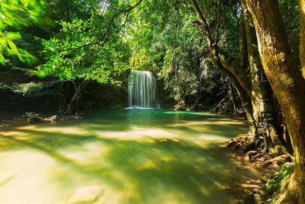 Piękny wodospad w zielonym lesie w dżungli piękny wodospadErawan Waterfall Thailand