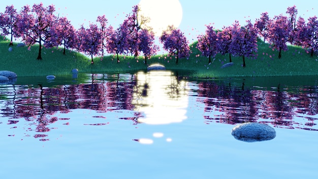 piękny wschód słońca krajobraz jezioro odbicie z różowymi drzewami i zielonymi trawami w renderowaniu 3d