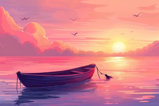 Piękny wschód słońca krajobraz morski wczesnym rankiem z łodzią pływającą na spokojnej wodzie i ptakami latającymi na różowym niebie ilustracja kreskówki krajobrazu morskiego z drewnianą łodzią w spokojnym morzu, gdy
