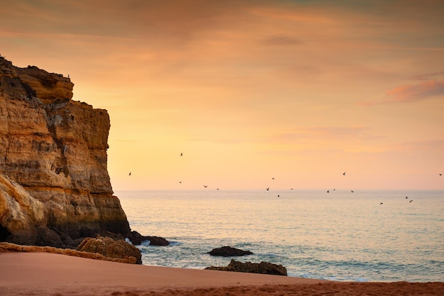 Piękny wschód słońca na plaży w Algarve, Portugalia. Stado ptaków latających nad wodą. Brzeg Oceanu Atlantyckiego. Piękny letni pejzaż morski, słynny cel podróży