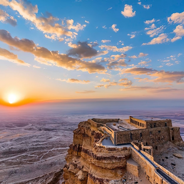 Piękny wschód słońca nad twierdzą Masada Ruiny pałacu króla Heroda na Pustyni Judzkiej