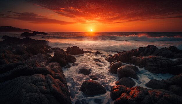 Piękny wschód słońca ze skałami na pierwszym planie ocean i słońce w tle