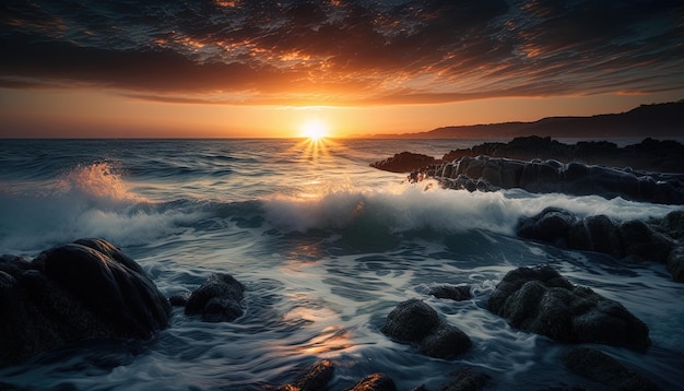 Piękny wschód słońca ze skałami na pierwszym planie ocean i słońce w tle