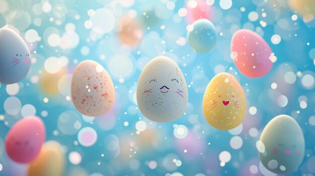 Piękny wzór latających jajek ustawionych na tle bokeh, dających szczęście i radość na nadchodzące uroczystości wielkanocne