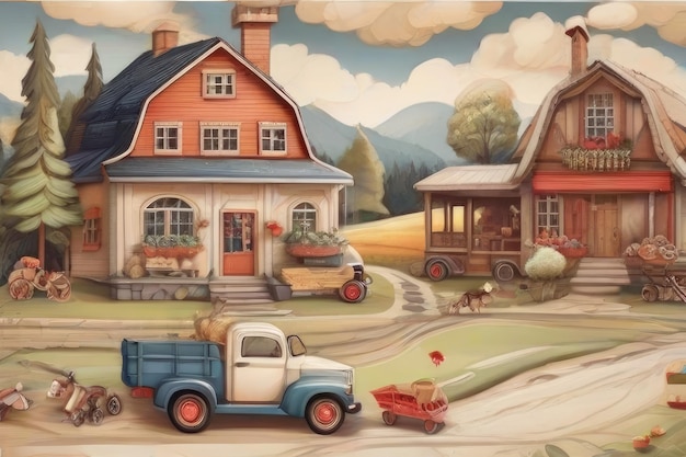 Piękny wzór sceny na farmie z ciężarówką przenoszącą zabawki domy różnych zwierząt domowych