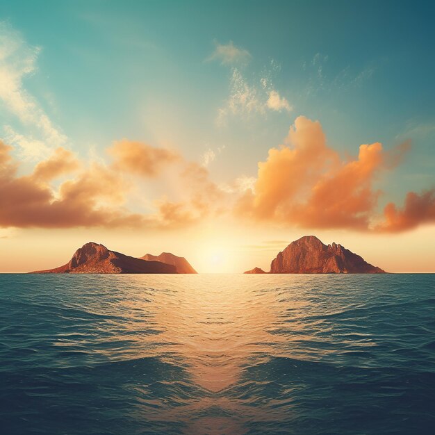 Piękny zachód słońca na niebieskim oceanie z jasnym pomarańczowym i jasnym cyjanowym minimalistycznym tłem