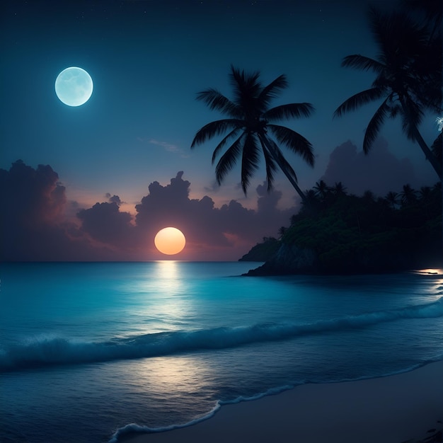 Piękny zachód słońca na plaży z palmami renderowania 3d