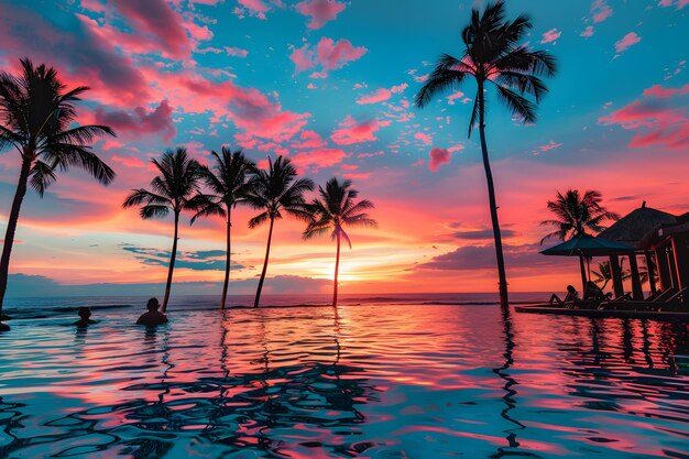 Piękny zachód słońca nad basenem z palmami i promieniami słońca