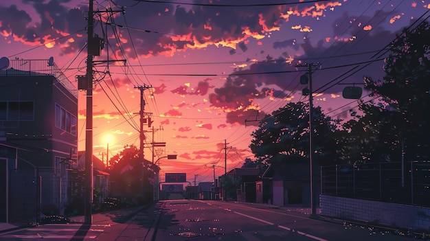 Piękny zachód słońca nad cichą przedmieściową ulicą Ciepłe kolory nieba kontrastują z chłodnymi cieniami na ziemi