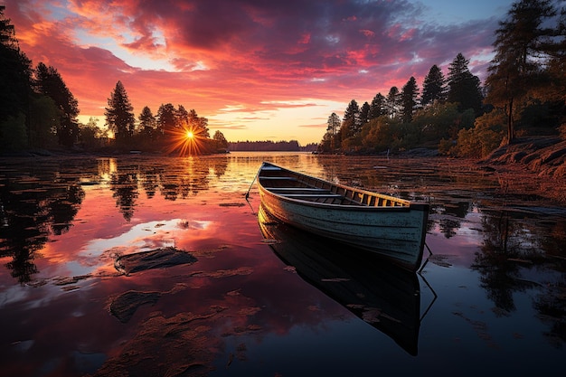 piękny zachód słońca nad jeziorem i łodzią