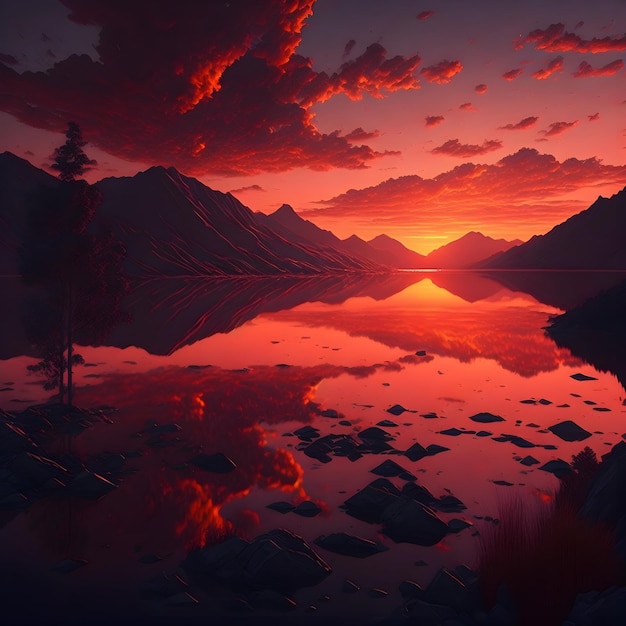 piękny zachód słońca nad jeziorem z górami w tle