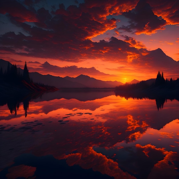Piękny zachód słońca nad jeziorem z górami w tle