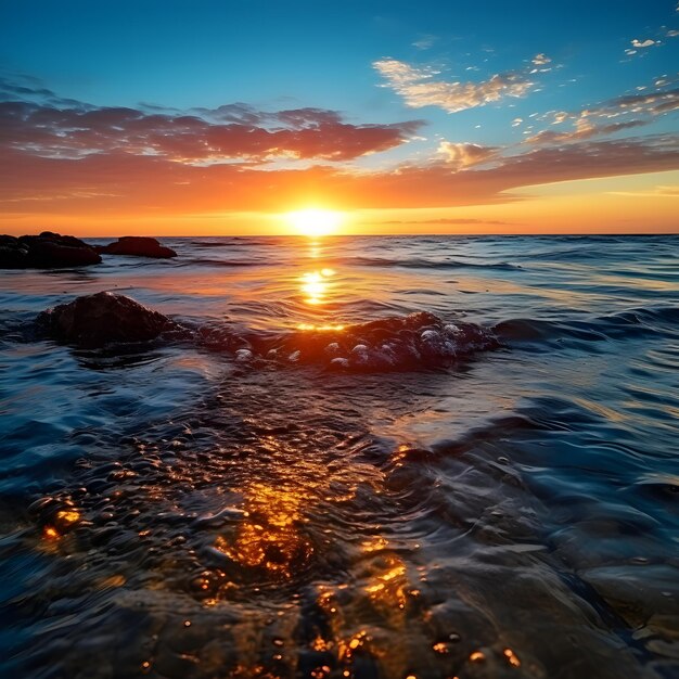 Piękny zachód słońca nad morzem Dramatyczne niebo Słońce odbija się w wodzie