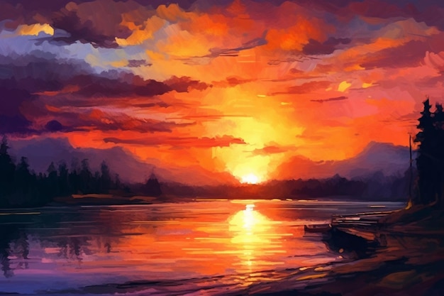 Zdjęcie piękny zachód słońca nad morzem lub jeziorem niesamowity wieczór podróż niskie słońce odbite w t generacyjna sztuczna inteligencja