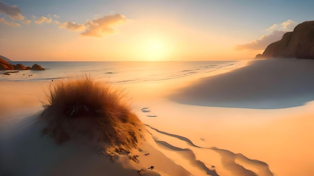 Piękny zachód słońca nad morzem widok na plażę AI generowany