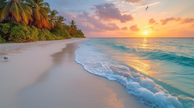 Piękny zachód słońca nad plażą z palmami i latającą mewą