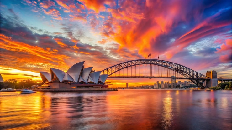 Zdjęcie piękny zachód słońca nad sydney harbour bridge i sydney harbour bridge