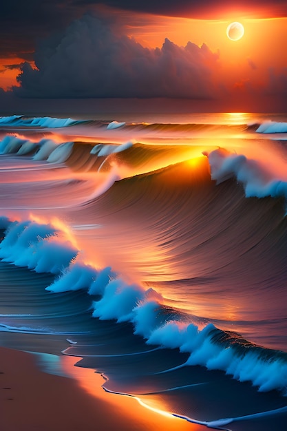 Piękny zachód słońca nad tropikalną plażą oceanu Zachodzące słońce i wschodzący księżyc
