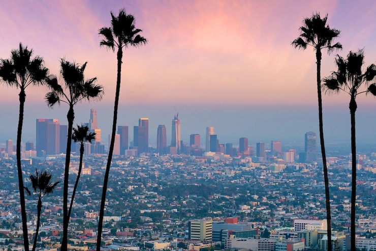 Zdjęcie piękny zachód słońca panoramę centrum los angeles w ca, usa
