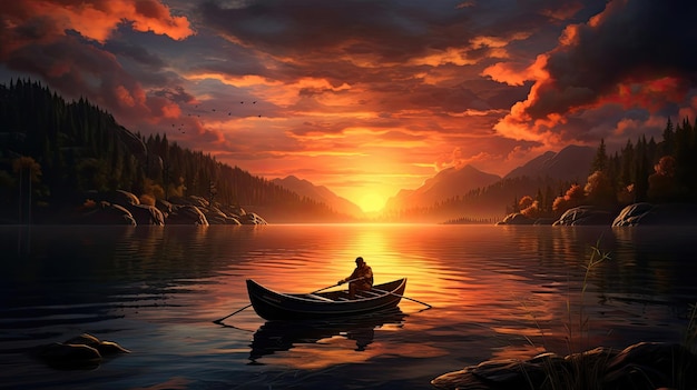 Piękny zachód słońca rzucający ciepłe barwy na łowisko, tworząc spokojną i pogodną atmosferę dla wędkarzy, którzy mogą cieszyć się czasem spędzonym nad wodą Generowane przez AI