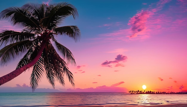 Piękny zachód słońca tropikalna plaża z palmą i różowym niebem