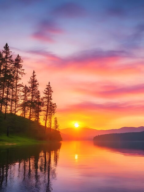 Piękny zachód słońca w jeziorze ze wzgórzami i sosnami AI generuje