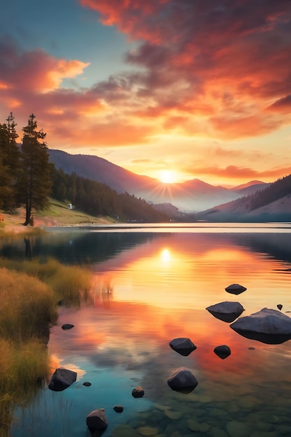 Piękny zachód słońca w jeziorze ze wzgórzami i sosnami AI generuje