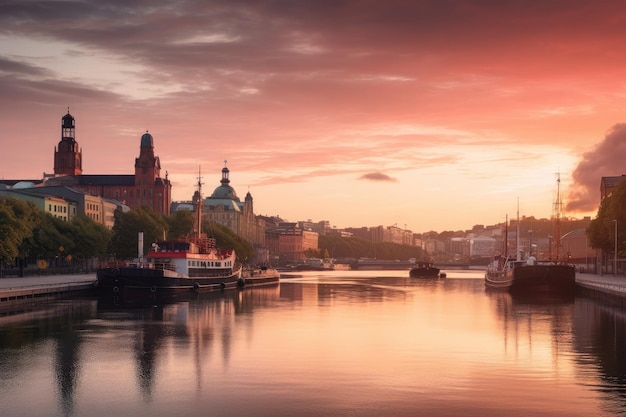 Piękny zachód słońca w porcie w Göteborgu, łodzie, architektura i szczęśliwi turyści