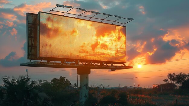 Piękny zachód słońca z dużą pustą tablicą na autostradzie i mglistym niebem w tle temat reklamy Generatywna sztuczna inteligencja