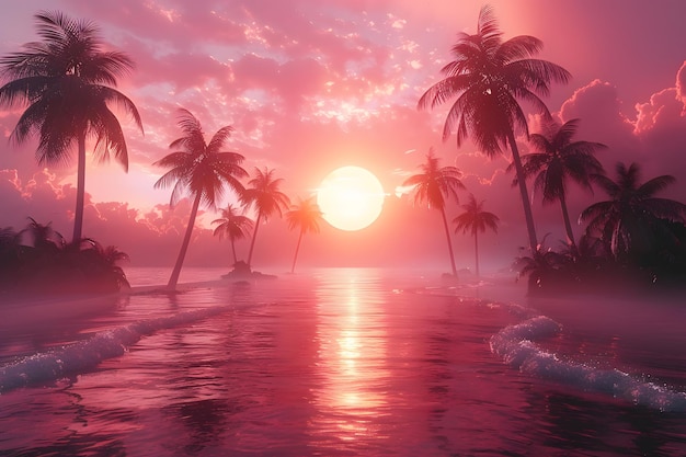 Piękny zachód słońca z palmami i słońcem odbijającym się w wodzie