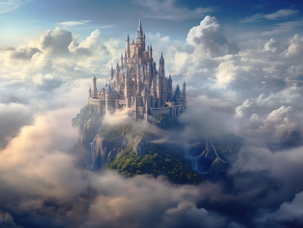 Zdjęcie piękny zamek wśród chmur na niebie biały zamek