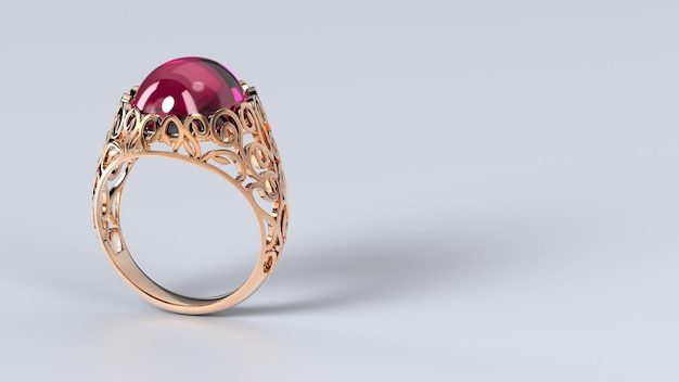 Piękny żeński pierścionek w kolorze różowego kamienia szlachetnego lub żółtego lub białego złota lub platyny renderowania 3d