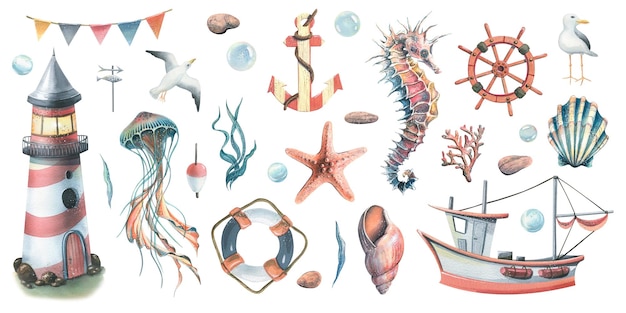 Piękny zestaw morski z podwodnymi zwierzętami latarnia morska i łódź rybacka Akwarela ilustracja Kolekcja SYMPHONY OF THE SEA Do dekoracji i projektowania wystroju i kompozycji