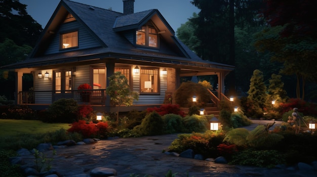 Piękny zewnętrzny dom wieczorem z świecącym