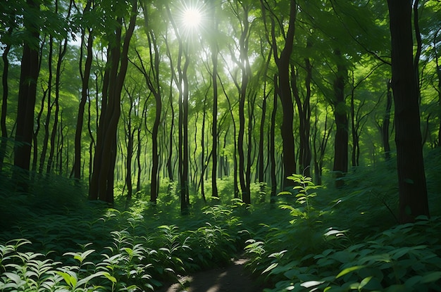 Piękny zielony las jest skąpany w słońcu tego ranka
