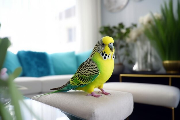 Piękny zielony papuga siedzący na kanapie w salonie